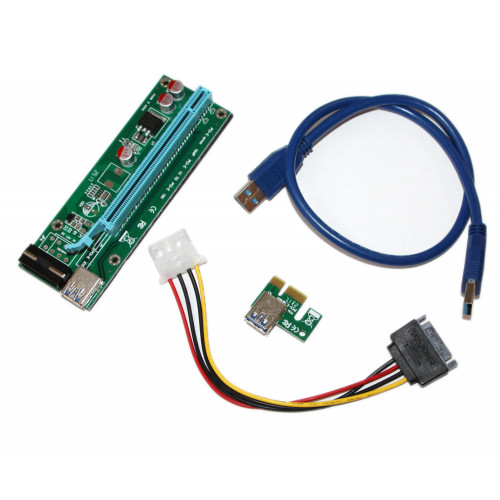 Райзер PCI-EX, x1=>x16, 4-pin MOLEX, SATA=>4Pin, USB 3.0 AM-AM 0,6 м (синий) , конденсаторы SR